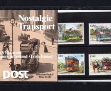 1987 Ireland Nostalgic transport Presentation Pack (Pack F). Contains 1986 Bianconi and 1987 Trams Commemorative Stamp Sets.