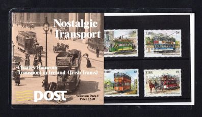 1987 Ireland Nostalgic transport Presentation Pack (Pack F). Contains 1986 Bianconi and 1987 Trams Commemorative Stamp Sets.