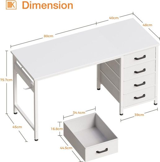 Computer Desk with Drawers 120 x 48 cm Office Storage Headphone for Small Spaces Reversible Study Table Home White