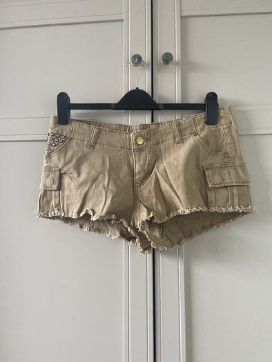 mini shorts with studded pocket and distressed hem