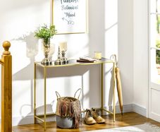 Modern Console Table, Tempered Glass Top Sofa Table with Steel Frame Adjustable Feet for Living Room, Hallway, Black