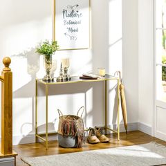 Modern Console Table, Tempered Glass Top Sofa Table with Steel Frame Adjustable Feet for Living Room, Hallway, Black