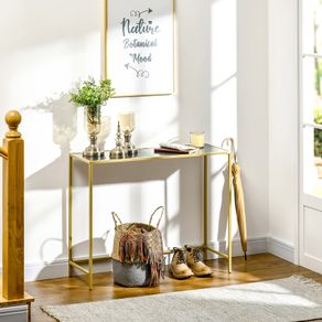 Modern Console Table, Tempered Glass Top Sofa Table with Steel Frame Adjustable Feet for Living Room, Hallway, Black