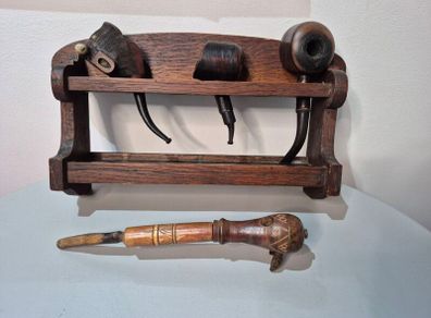 Vintage Estate Pipe Collection with Solid Wood Display Rack