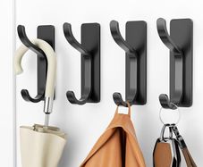 10-Pack Self Adhesive Hooks for Hanging: Heavy Duty Stick On (Hold 6KG), Sticky Hook for Wall, Door, Kitchen, Bathroom - Ideal for Coat, Towel, Clothes, Keys, Purse - Stainless Metal, Black