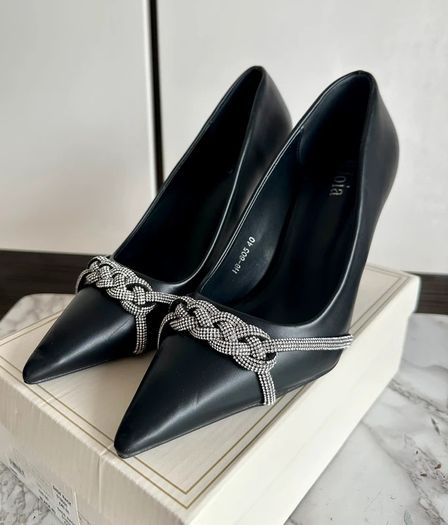 Black pointed toe high heels with rhinestone chain detail - size 40