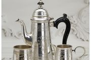 Antique Silver Plated Coffee Set: Edwardian Foliate &amp; Armorial Decor