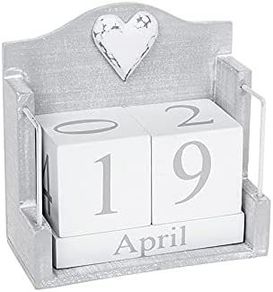 Cool Grey Perpetual Calendar With White Shabby Chic Heart Decoration - 12 x 12 x 6cm