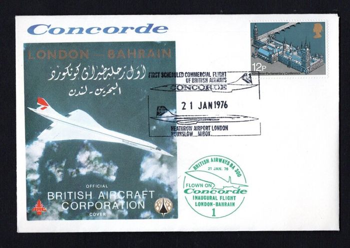 1976 Bahrain Inaugural Concorde Flight London (Heathrow) to Bahrain (International) of 21st January 1976 with multiple cancels both front and back.
