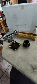 4 Irish made items- Ceramic Arklow pottery ashtray 32.00 euro.  Vintage Ceramic Arklow pottery small bowl 22.00 euro. Carrig ware pottery flower dish holder / vase 28.00 euro.  vintage Wade Irish Porcelain double-handled pedestal mantle vase or planter. 4
