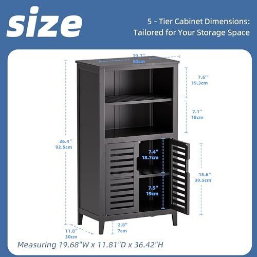 Bathroom Cabinet, Bamboo Side Storage Organizer with 2 Doors and Removable Shelves, Freestanding Floor Cabinet for Living Room Kitchen Bedroom, Black