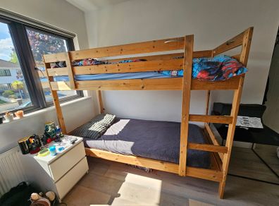 Kids & Adult sized IKEA solid wooden bunk beds & two good foam mattresses