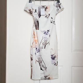 Ted Baker White Floral Bodycon Bardot Dress Off Shoulder Size 1/8UK/36EU