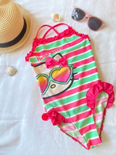 Kids Sanrio Hello Kitty Pink and Green Striped One Piece Swimsuit
