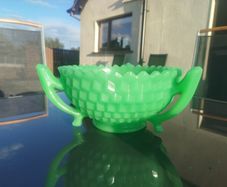 Vintage Art Deco Green Uranium Jadeite Glass 3 Handle Bowl Diamond Pattern UV Reactive