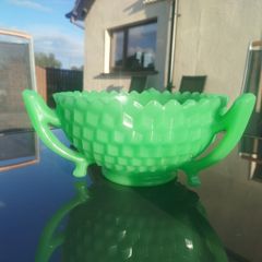 Vintage Art Deco Green Uranium Jadeite Glass 3 Handle Bowl Diamond Pattern UV Reactive