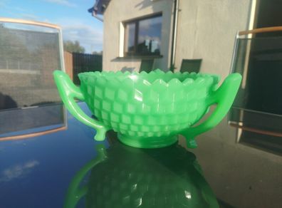 Vintage Art Deco Green Uranium Jadeite Glass 3 Handle Bowl Diamond Pattern UV Reactive