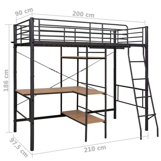 Bunk Bed with Table Frame Black Metal 90x200 cm