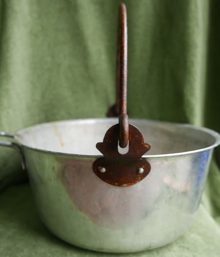 Vintage Aluminium Metal Handled Cooking Pot , Rustic Jam Pan Farmhouse Decor