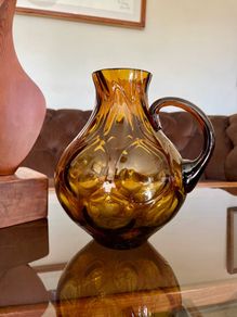 MCM Amber Teardrop Bubble Pattern Glass Water Jug 1960s