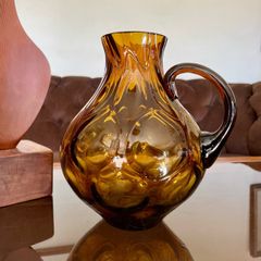 MCM Amber Teardrop Bubble Pattern Glass Water Jug 1960s