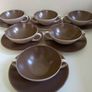 Set of Six Vintage MCM Poole Pottery Twintone Twin Handled Consomme Soup Bowls Plus Matching Underplates, All in Colourway C54, Sepia and Mushroom, Streamline Shape, Circa 1952 - 1970s Image 2