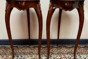 FLASH SALE ! Was 395 now 320 ! Pair of Marquetry &amp; Brass Occasional Tables with Marble Tops.