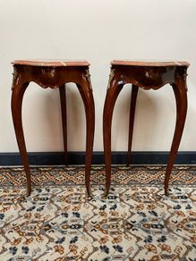 FLASH SALE ! Was 395 now 320 ! Pair of Marquetry & Brass Occasional Tables with Marble Tops.