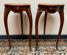 FLASH SALE ! Was 395 now 320 ! Pair of Marquetry & Brass Occasional Tables with Marble Tops.