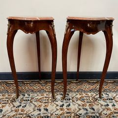 FLASH SALE ! Was 395 now 320 ! Pair of Marquetry & Brass Occasional Tables with Marble Tops.
