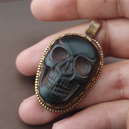 Vintage Gold Plated brass Floral Desgin &carved Skull shape Jade Pendant