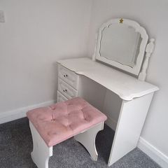 Vanity table with mirror and chair