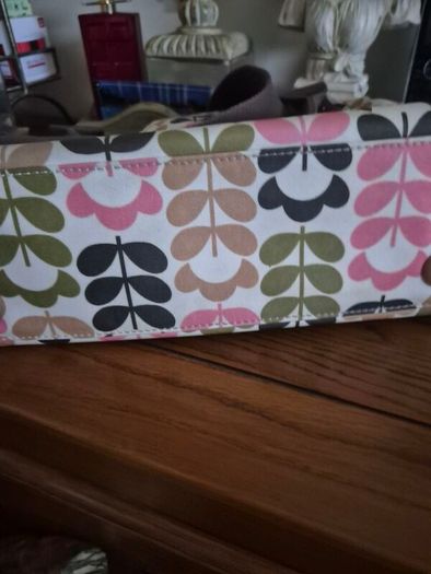 Orla Kiely Pink Green Tan Ivory Floral Stem Oilcloth Crossbody Bag