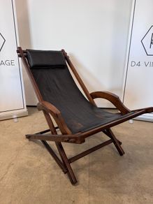 Vintage Black Leather Deck Chair with Armrests, 1940s