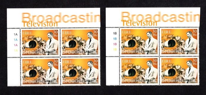 2001 Ireland Broadcasting in Ireland Commemorative Stamps Plate Blocks 1A1A1A1A & 1B1B1B1B Mint Never Hinged (MNH)