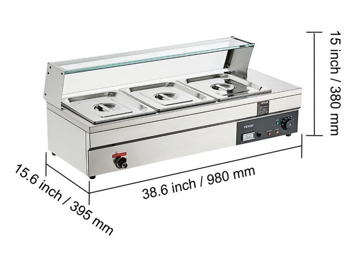 Buffet Food Warmer Stainless Steel 3-6 Pans with Glass Shield Commercial Countertop Bain Marie Electric Steamer Cooker