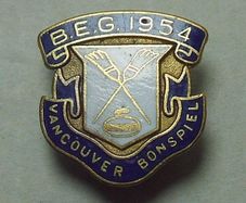BRITISH EMPIRE GAMES 1954 (ice curling sport, Vancouver) - a Bonspiel promotional enamel badge (1954)