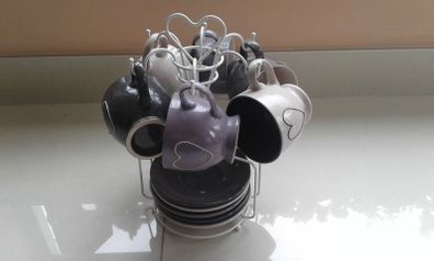6 cup and saucer "Love Heart"  set on Stand.