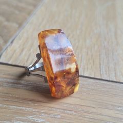 Vintage Soviet Era Baltic Amber Ring, Unusual Hallmark, Statement Piece