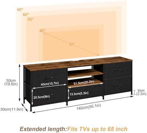 TV Stand Cabinet, TV Unit TV Console Table with 5 Drawers Storage Organizers, Entertainment Center with Open Shelf for Living Room, Bedroom (Black)
