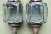 Vintage Pair of Brass Carriage Lamps, by Lime House Lamp Company, pierced canopies, bevelled etched glass chambers, 22" long