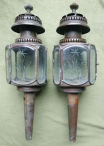 Vintage Pair of Brass Carriage Lamps, by Lime House Lamp Company, pierced canopies, bevelled etched glass chambers, 22" long