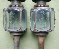 Vintage Pair of Brass Carriage Lamps, by Lime House Lamp Company, pierced canopies, bevelled etched glass chambers, 22" long