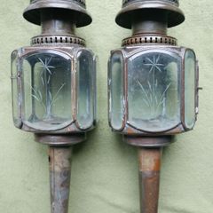 Vintage Pair of Brass Carriage Lamps, by Lime House Lamp Company, pierced canopies, bevelled etched glass chambers, 22" long