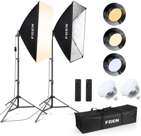 Photography Lighting,FGen 85W LED Soft Box with Remote Control Dimmable 2700-6400K 3 Colour Temperatures  White,Warm,Cold Bulbs for Video,Portrait and Products Shooting