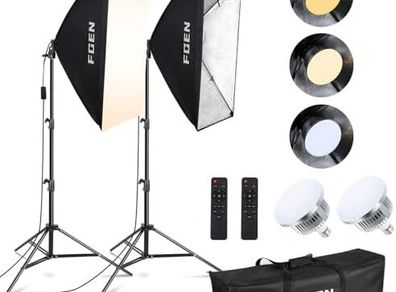 Photography Lighting,FGen 85W LED Soft Box with Remote Control Dimmable 2700-6400K 3 Colour Temperatures  White,Warm,Cold Bulbs for Video,Portrait and Products Shooting