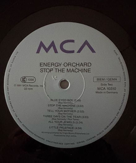 Energy Orchard - Stop The Machine. LP plays brilliantly but no cover. Hence a bargain. Fantastic Belfast band who should have been huge. Look them up on YouTube.
