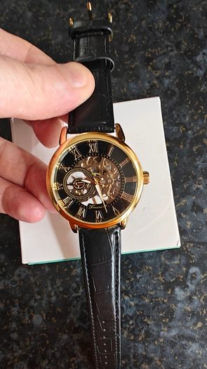 Skeleton Mechanical Watch Black & Gold Case with Black Leather Strap