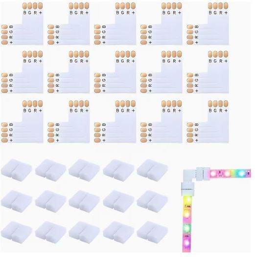 30pcs 4-Pin LED Connectors 10Mm L-Shape Solderless Connector Kit Heat Resistant RGB LED Light Strip Connectors Quick Connector Solderless Unwired for 10Mm SMD5050 Multicolour Strips Splice Extend