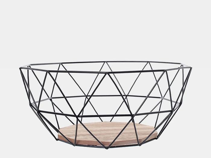 Black Geometric Metal Wire Wooden Base Decorative Storage/ Display Basket Fruit Bowl